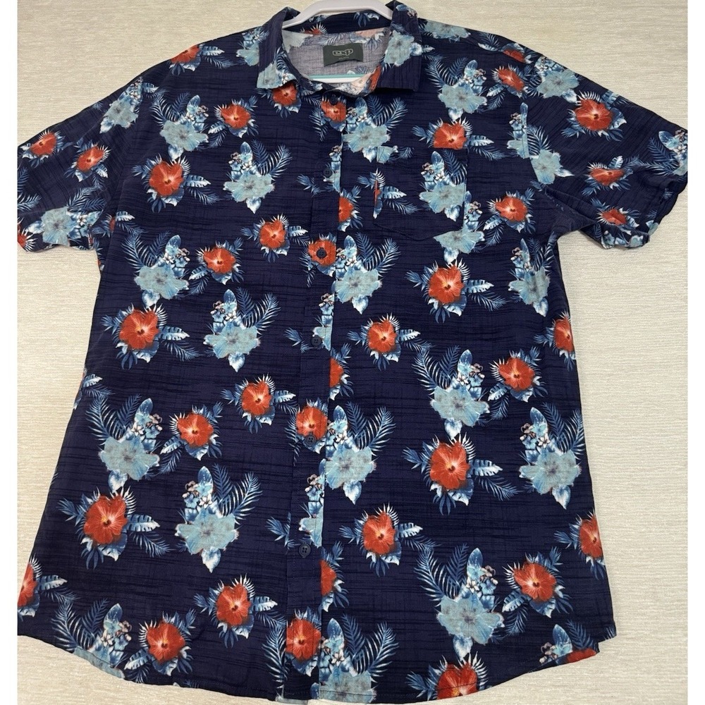 exp Men's Floral Hawaiian Woven Cotton/Spandex Short Sleeve Button-Up 2XL Navy